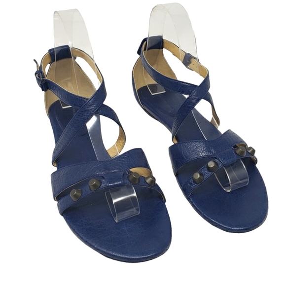 Balenciaga Dark Blue Leather Sandals Size 38 US 7.5 Ankle Strap Studded Flats - Picture 2 of 11